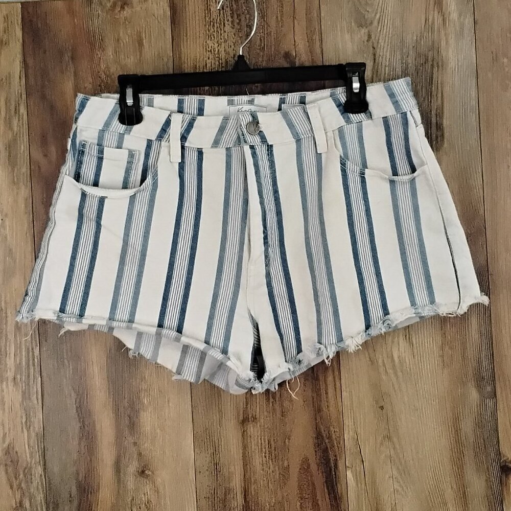 KanCan Women's Blue/White Stripe Jean Shorts High Rise 31